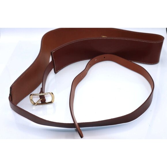 Zara Womens Leather Wide Sash Corset Gold Buckle Brown Belt Sz 80 Made In Spain - Picture 3 of 5